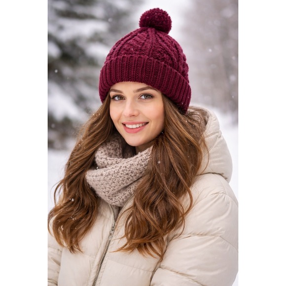 Handmade Accessories - Handmade Burgundy Cable Knit Bobble Pom Pom Beanie Hat Wine Red Winter Cap‎